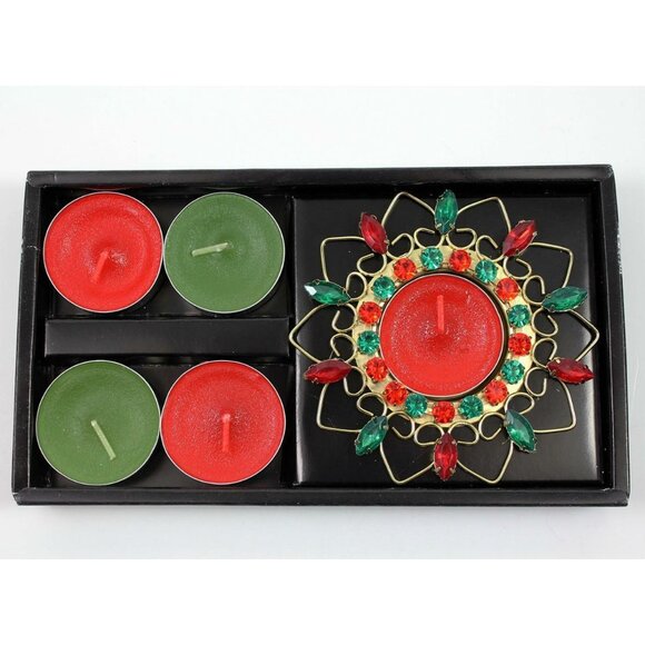 Festive Tealight Candle Set Red & Green Unscented Candles And Decorative Holder - Picture 1 of 3